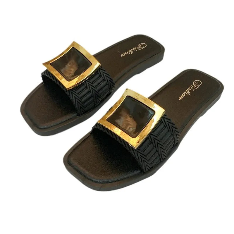 Women's casual flat slippers in apricot colour with a lightweight PVC sole.