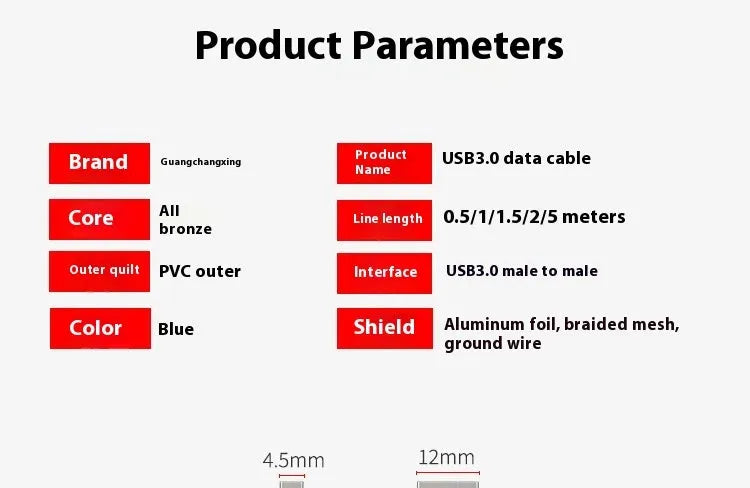 USB 3.0 male-to-male data cable with nickel-plated connectors on a white background