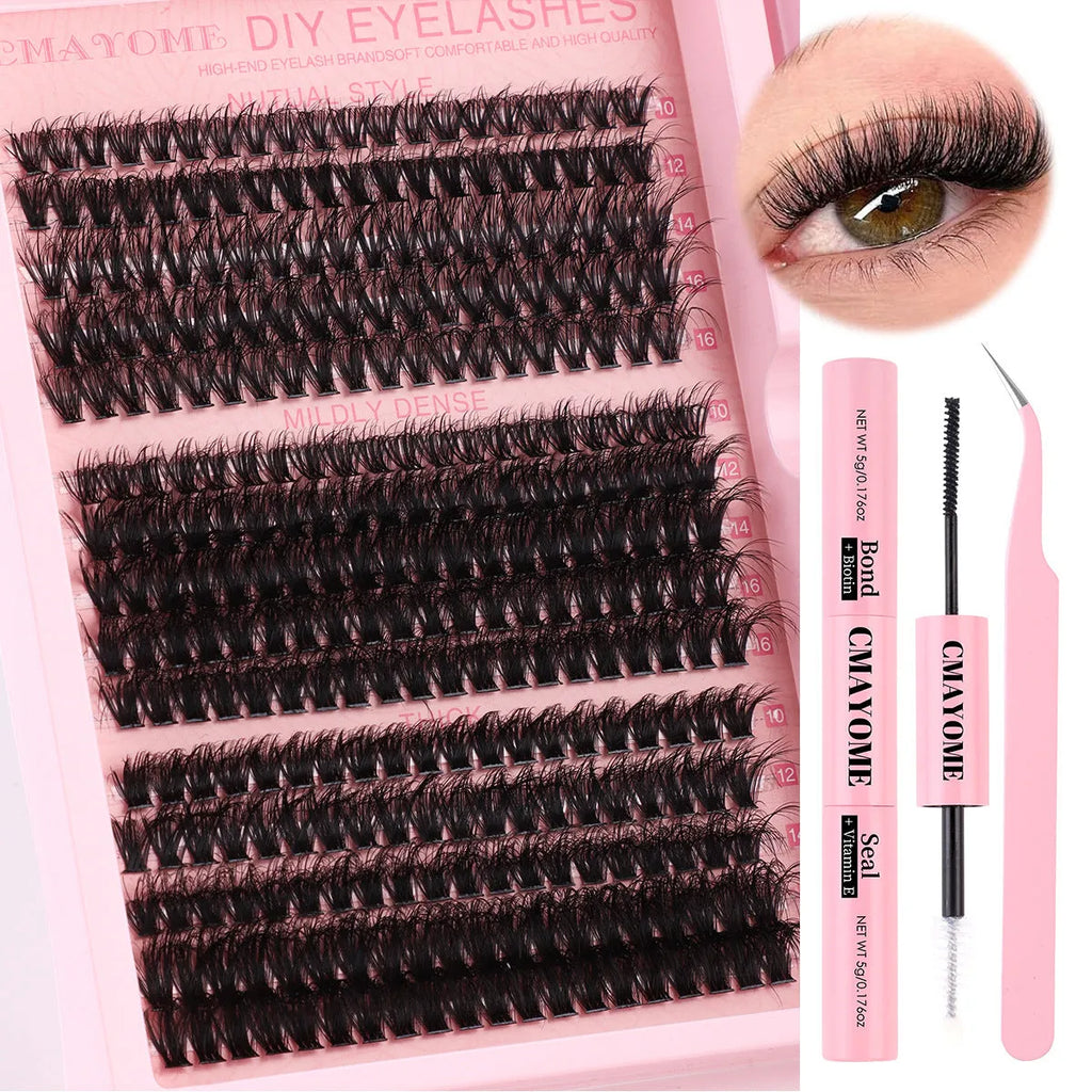 DIY false eyelash extension kit with cluster lashes and professional tweezers