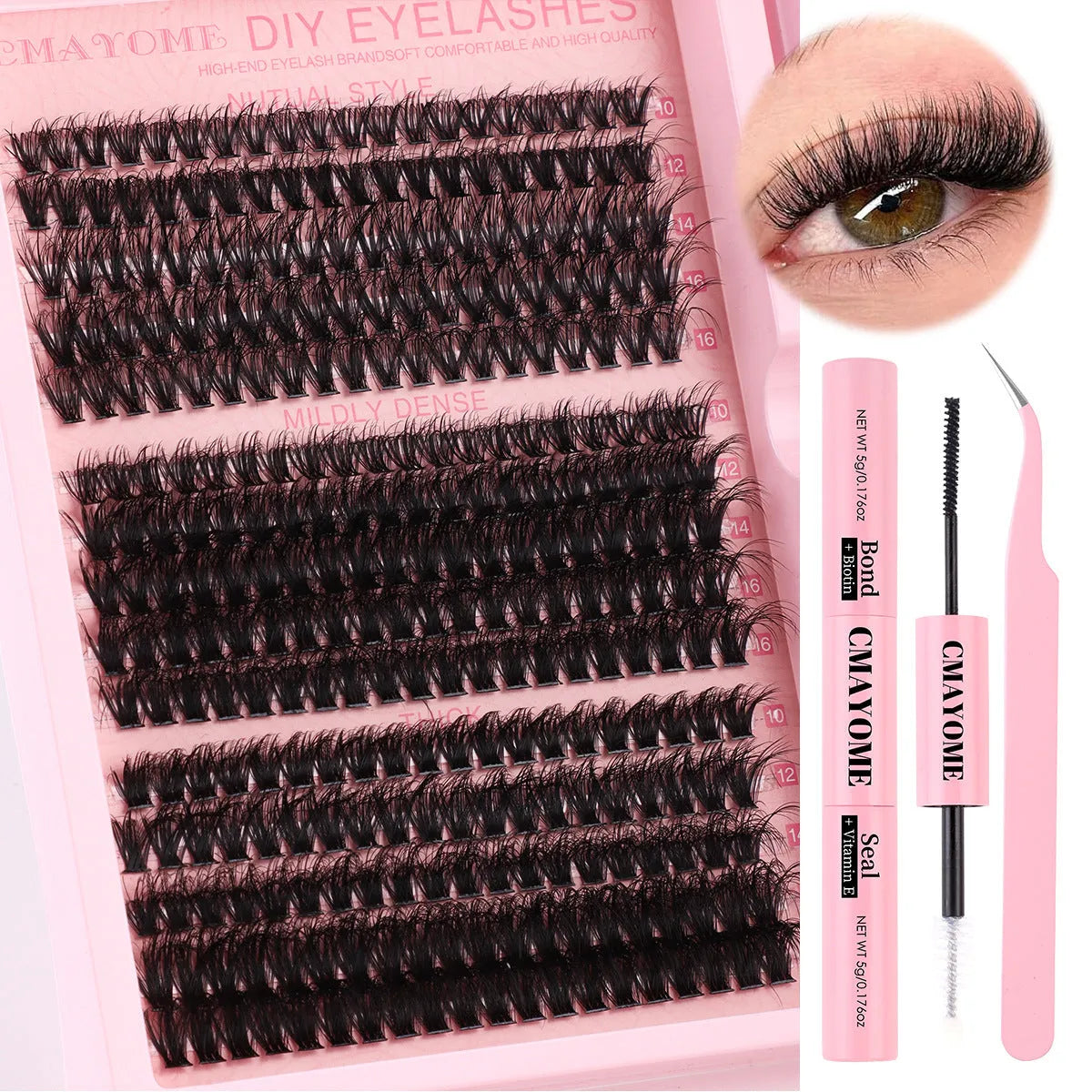 DIY false eyelash extension kit with cluster lashes and professional tweezers