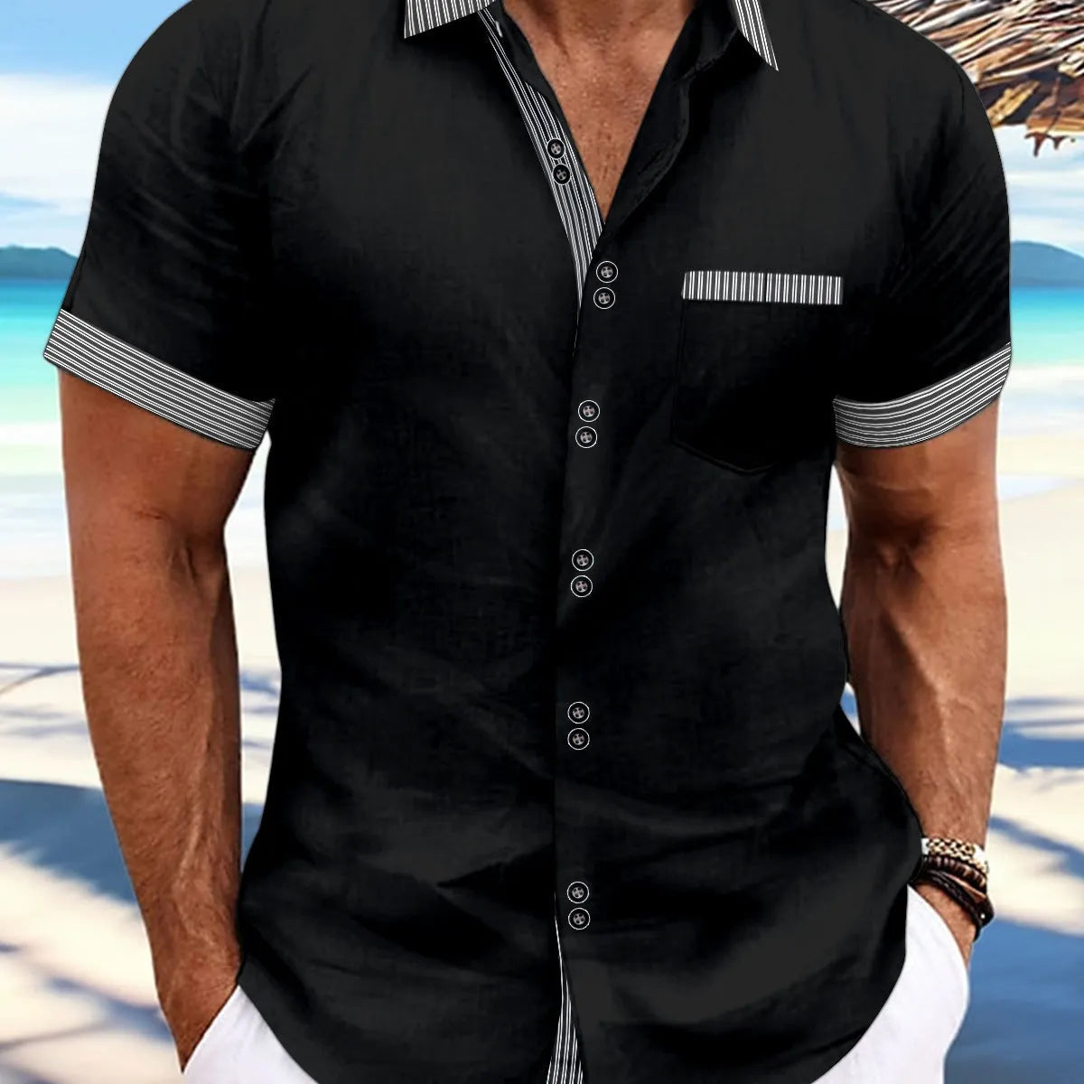Striped double button short sleeve casual shirt in pure cotton with slim fit styling