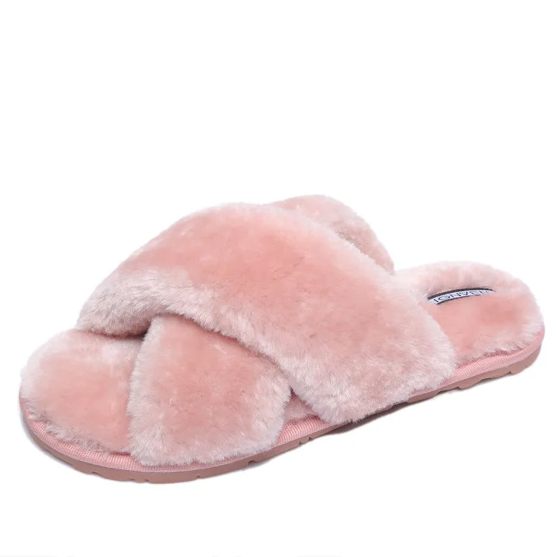 Women's cross open-toe fur slippers in multiple colours with patterned non-slip soles