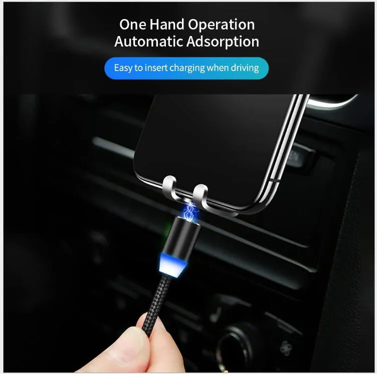 Black magnetic charging cable with LED light and aluminium connectors showing magnetic tip attachment