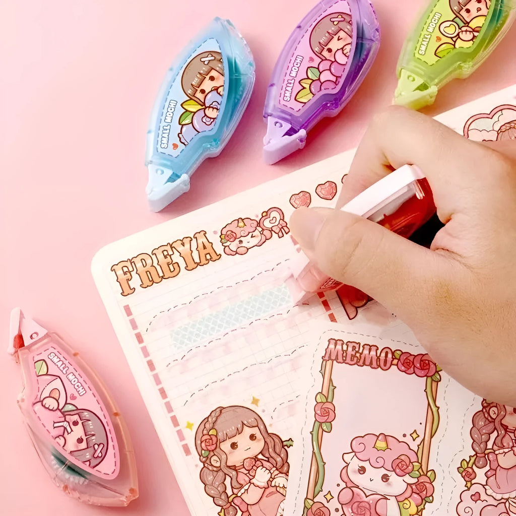 Dotting glue applicator in peach juice colour on a card, a high viscosity traceless adhesive for crafts.