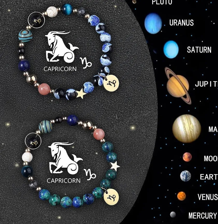 Zodiac sign bracelet with natural stone beads on elastic cord, adjustable astrology jewellery