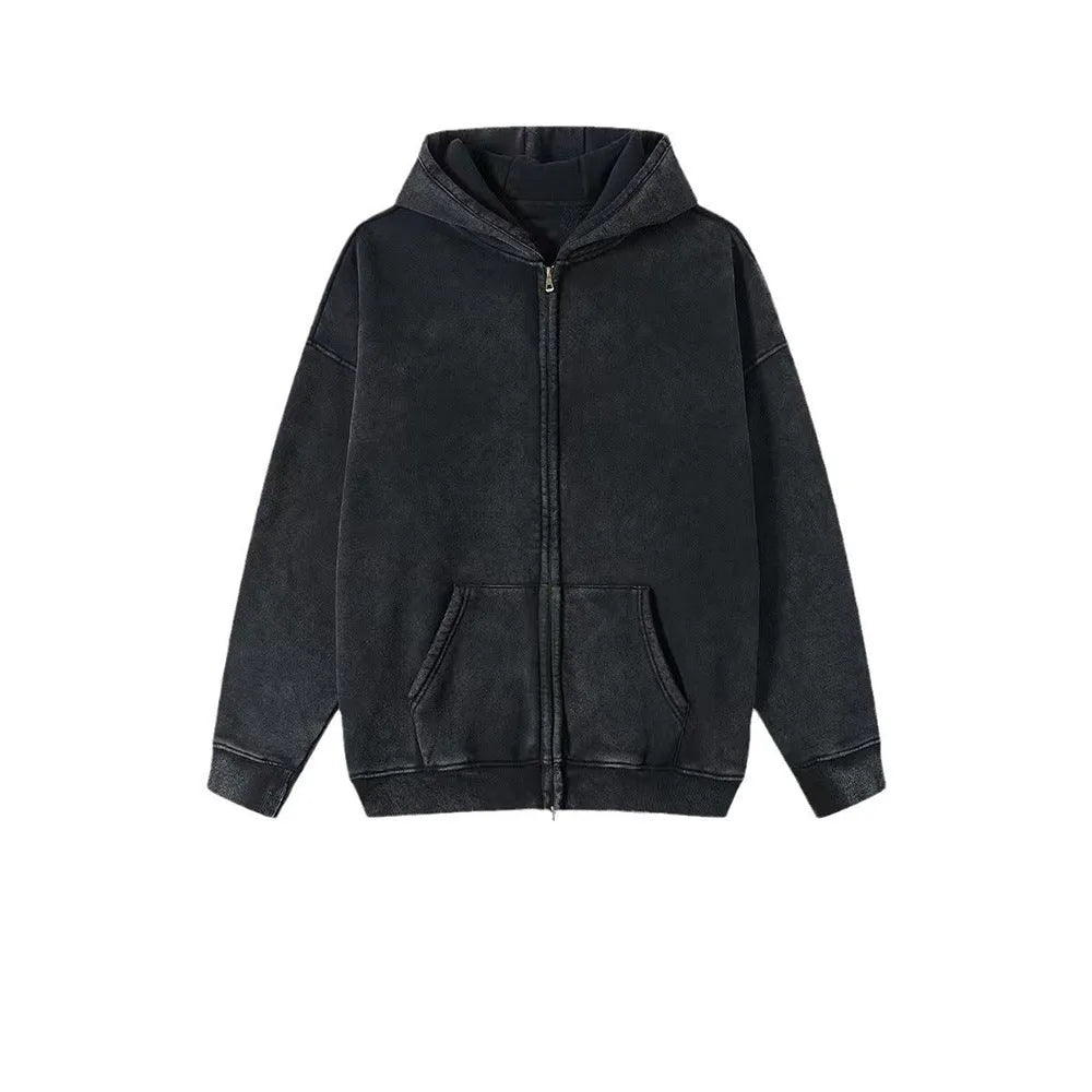 Men's washed black hooded cardigan with double zipper and fleece lining in vintage cotton style