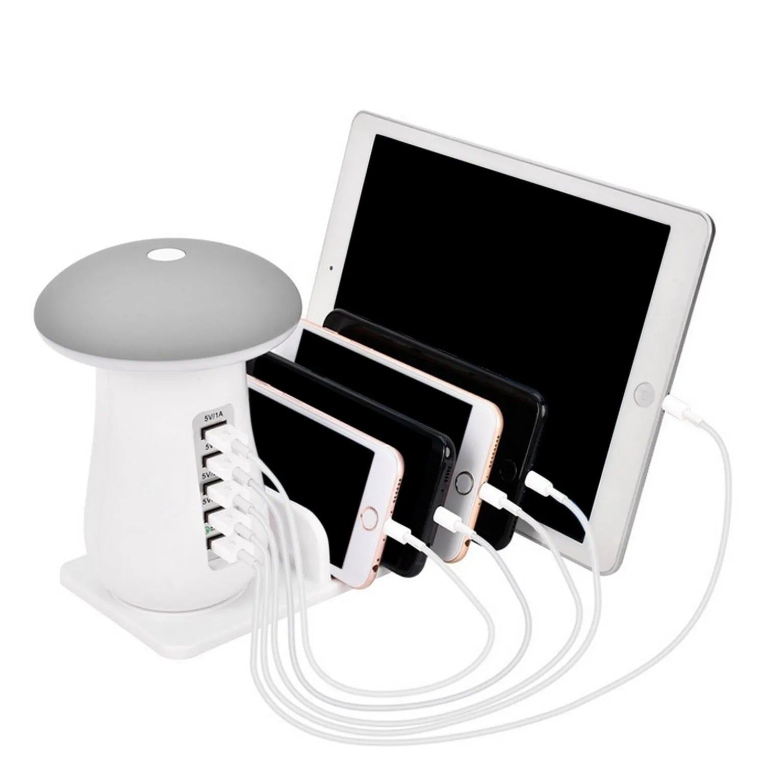 White mushroom-shaped USB charging dock station with five ports and a glowing LED light on a desk.