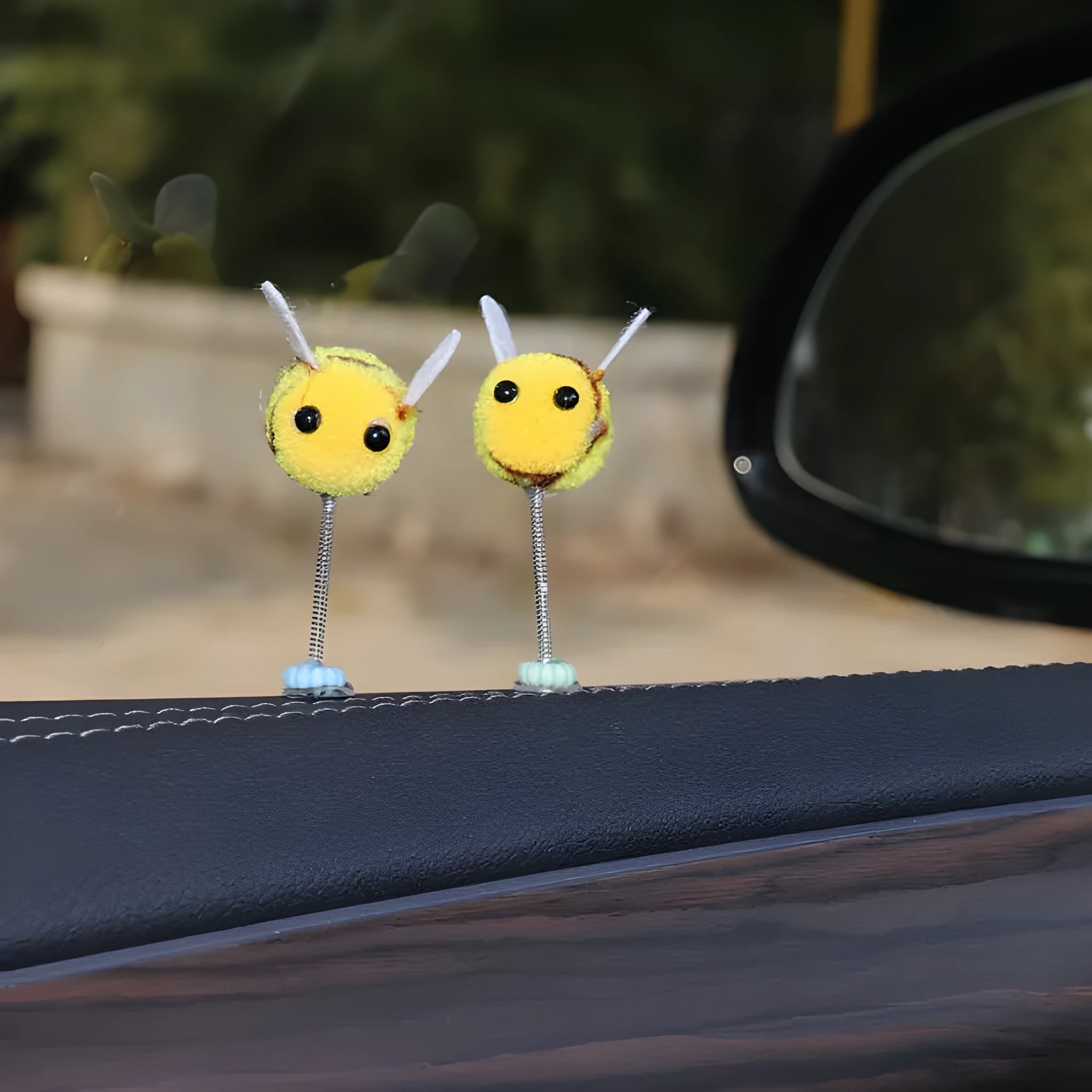 Swing spring bee car decoration made from soft fur ball, 3cm size.