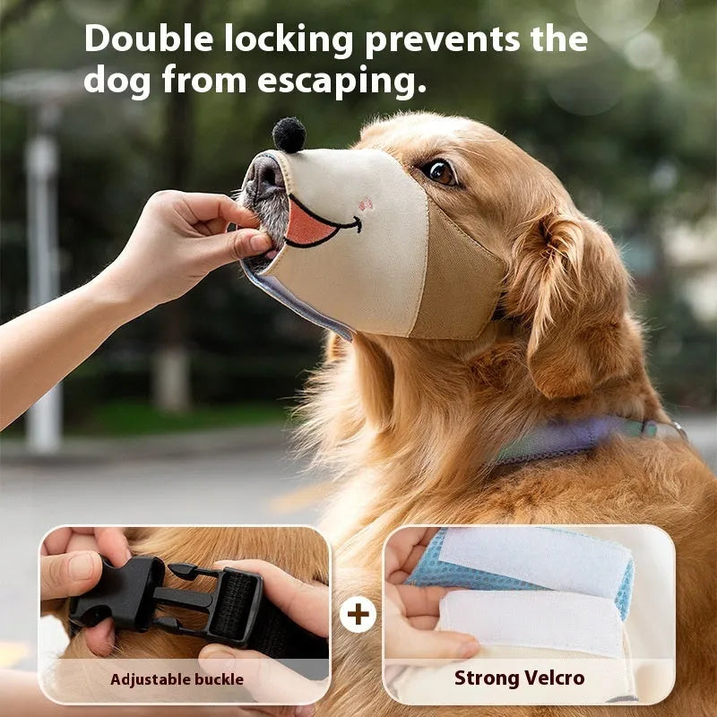Canvas dog muzzle in Ollie Brown Bear and Bondi Blue Shark colours, shown in S, M, L, and XL sizes.