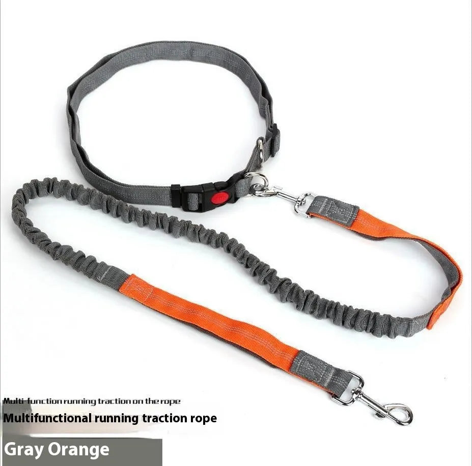 Grey and green reflective dog leash with elastic section shown on a table.