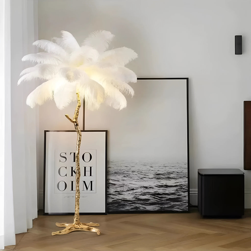Decorative resin feather floor lamp standing 170cm tall with dark green, pink or white feather design