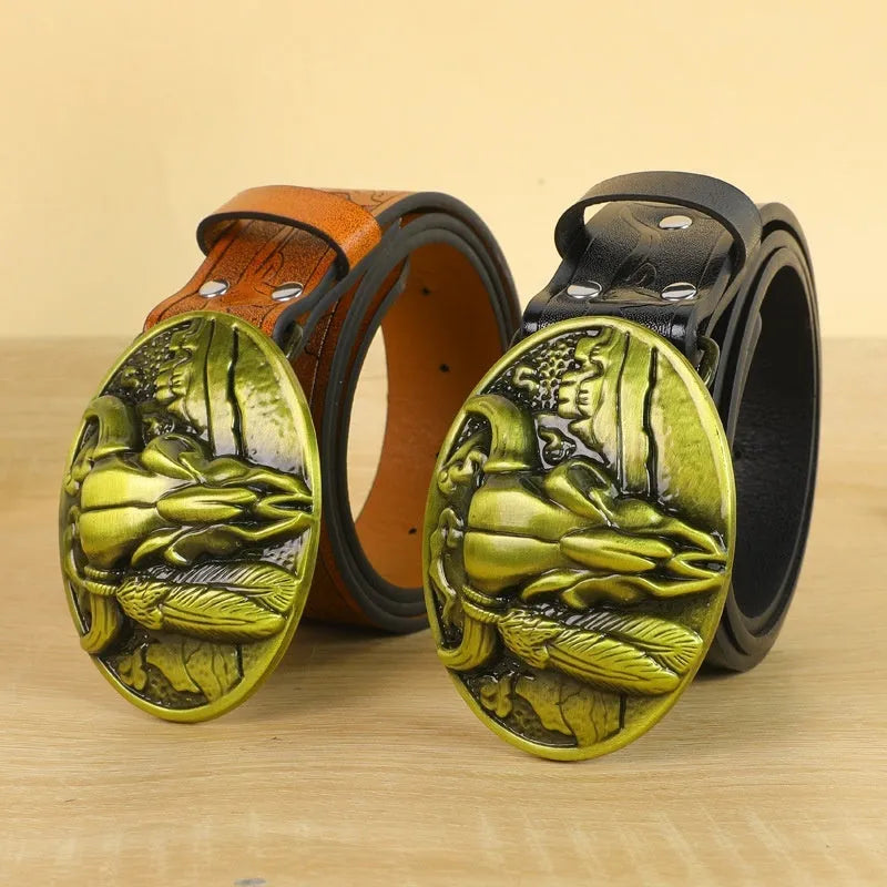 Men's brown belt with detailed cow head alloy buckle and imitation leather strap showing pin buckle closure