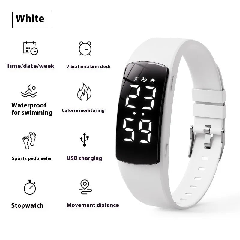 Vibration alarm smart watch with LED display on a silicone strap, shown in a choice of colours.