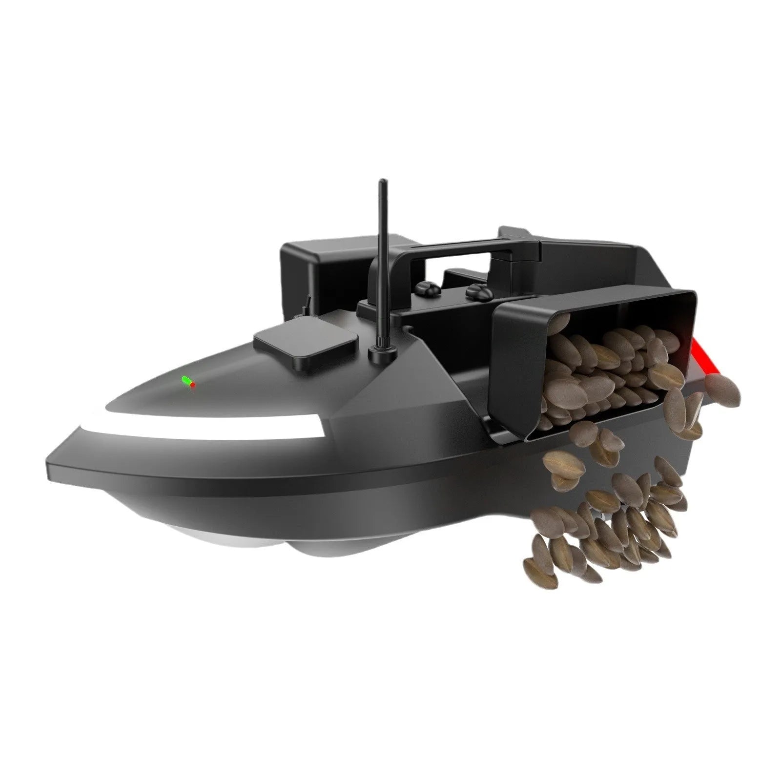 Black GPS remote control fishing boat with antenna and bait compartment