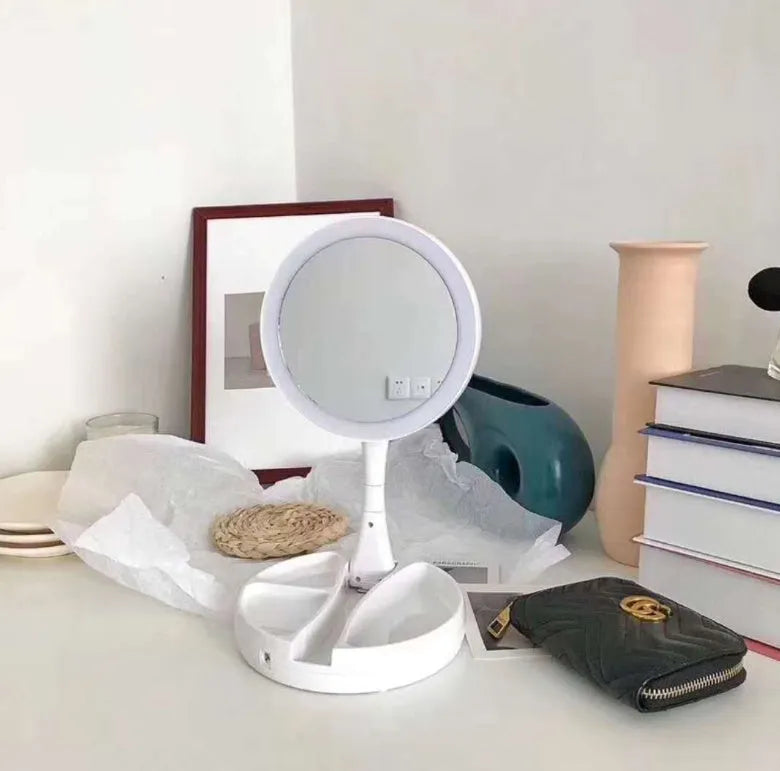 White foldable LED vanity mirror with beauty fill light showing double-sided design and USB charging port