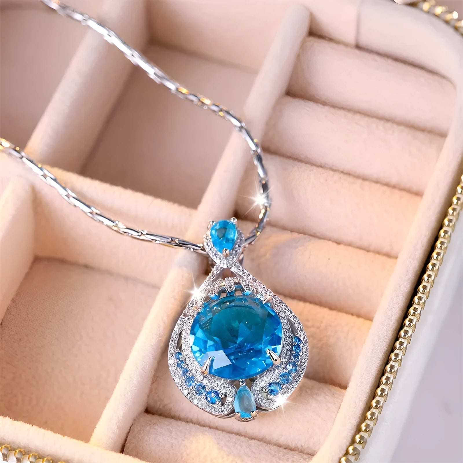 Women's blue crystal geometric pendant necklace with water wave chain and alloy construction