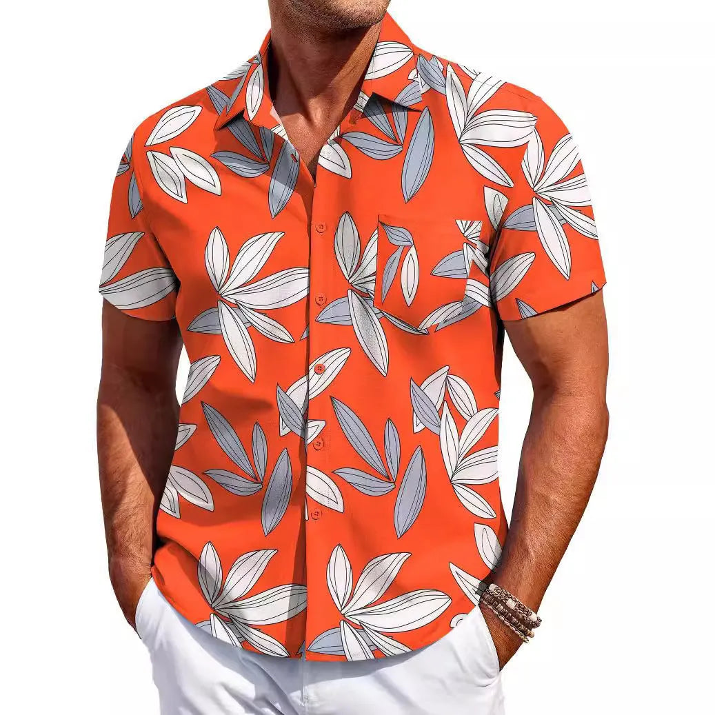 Man wearing a slim fit short sleeve Hawaiian print cardigan shirt in a solid colour.