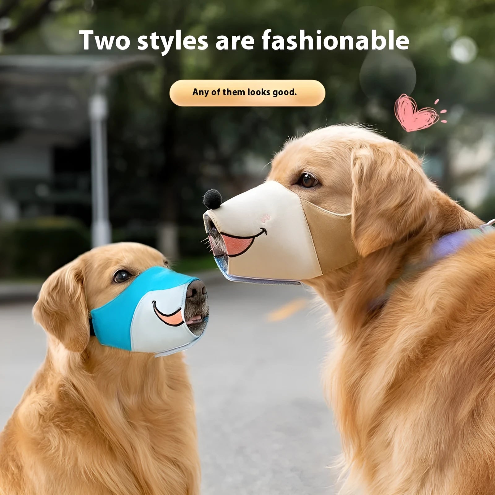 Canvas dog muzzle in Ollie Brown Bear and Bondi Blue Shark colours, shown in S, M, L, and XL sizes.