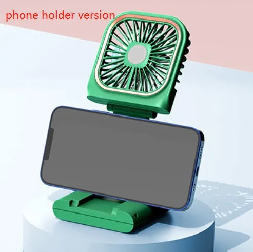 Hands-free wearable neck fan with dual fans and USB charging cable in multiple colours.