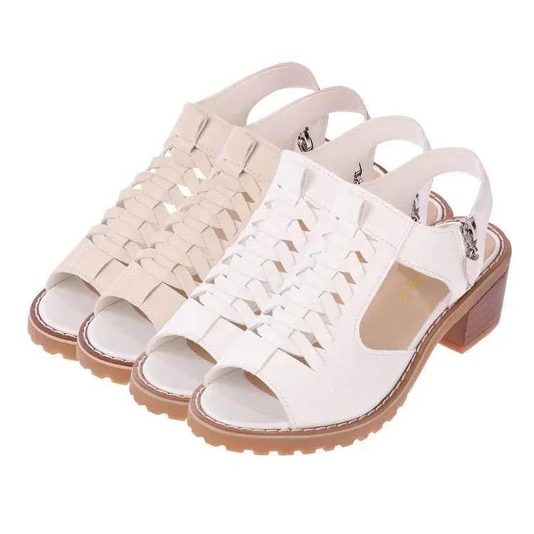 Women's retro sandals with side zip closure and a medium heel in creamy white.
