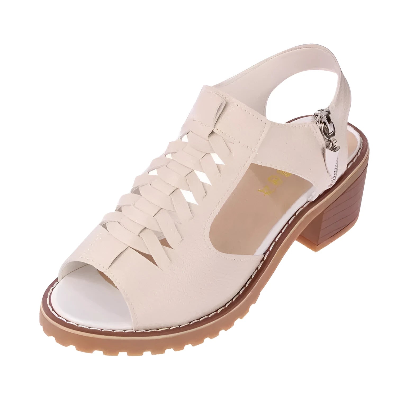 Women's retro sandals with side zip closure and a medium heel in creamy white.