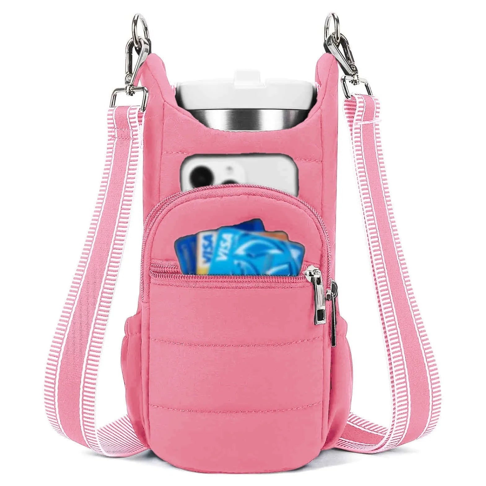 Cloth water bottle bag for bicycles in beige, black, or pink colours.