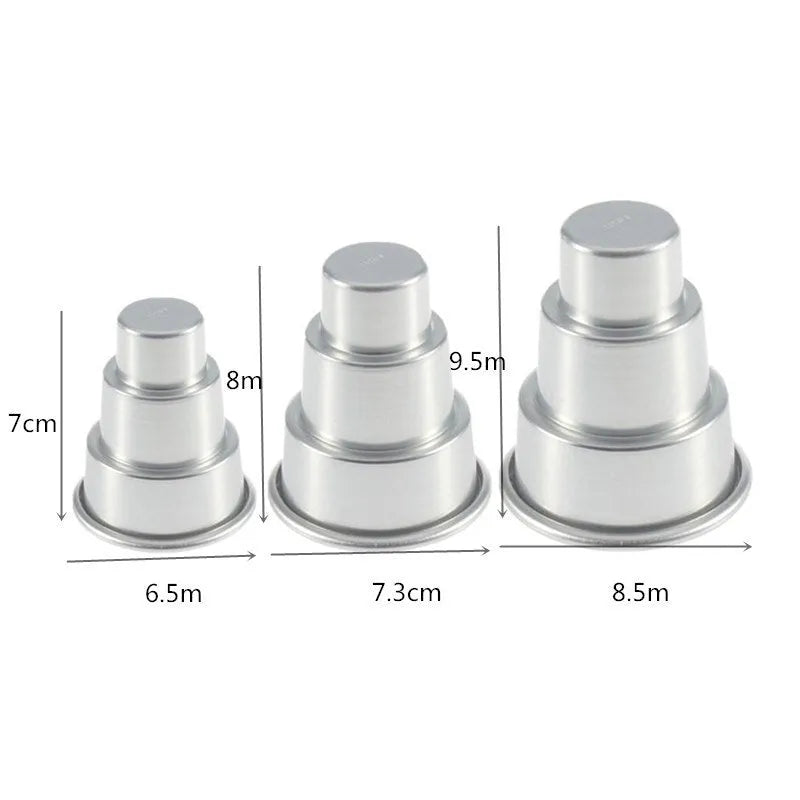 Three silver aluminium alloy cake moulds in large, medium, and small sizes with softcover