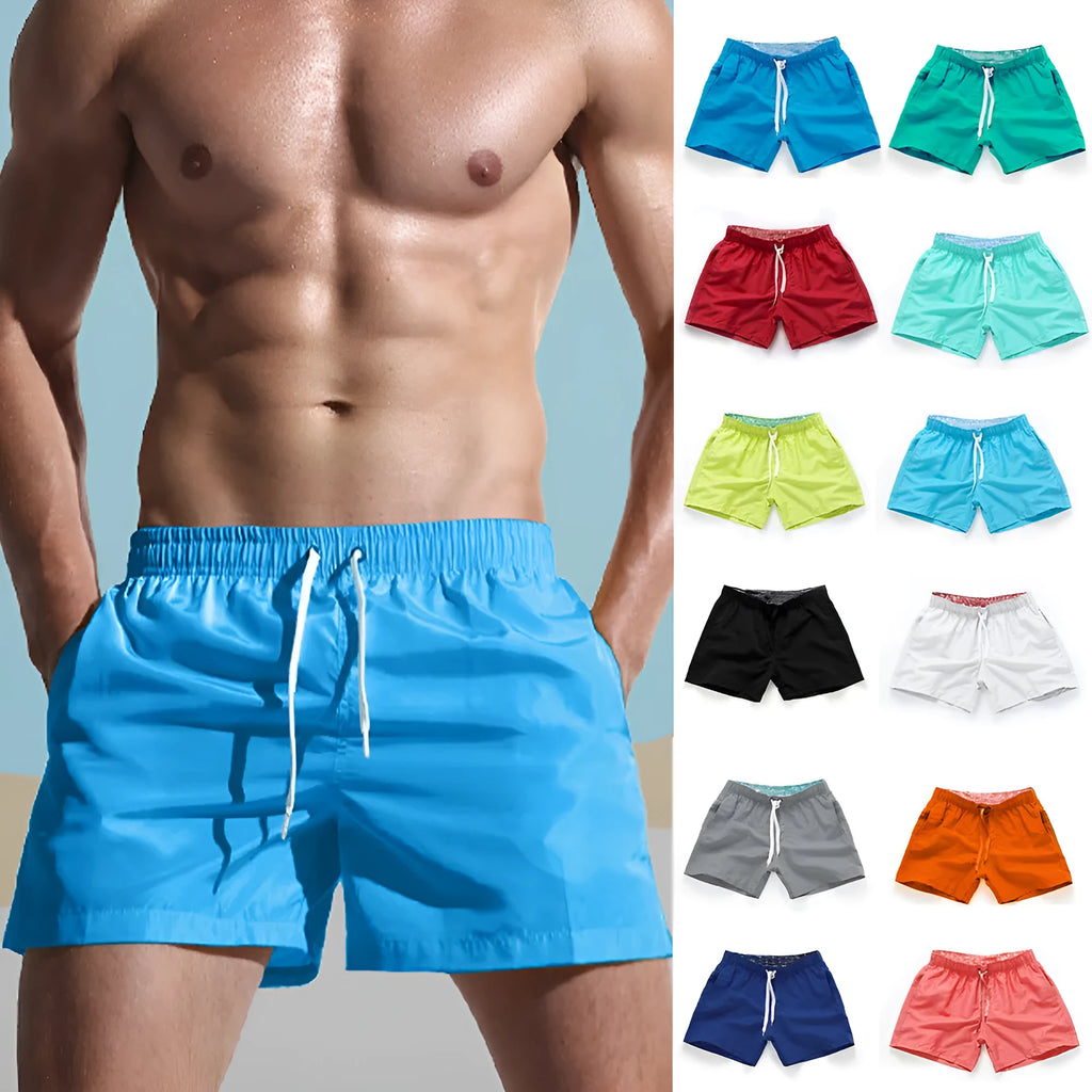 Men's straight leg beach shorts in multiple colours, made from polyester fabric, shown on size chart from S to 4XL.