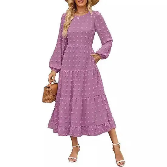 Women's beige long sleeve casual dress with ruffled sleeves and a high waist, shown on a hanger.