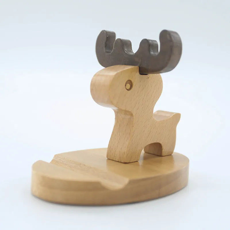 Solid beech wood mobile phone holder with detailed resin animal carving in choice of 22 animal styles
