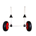 Foldable aluminium kayak beach trailer with upright poles and platform for transporting open kayaks.