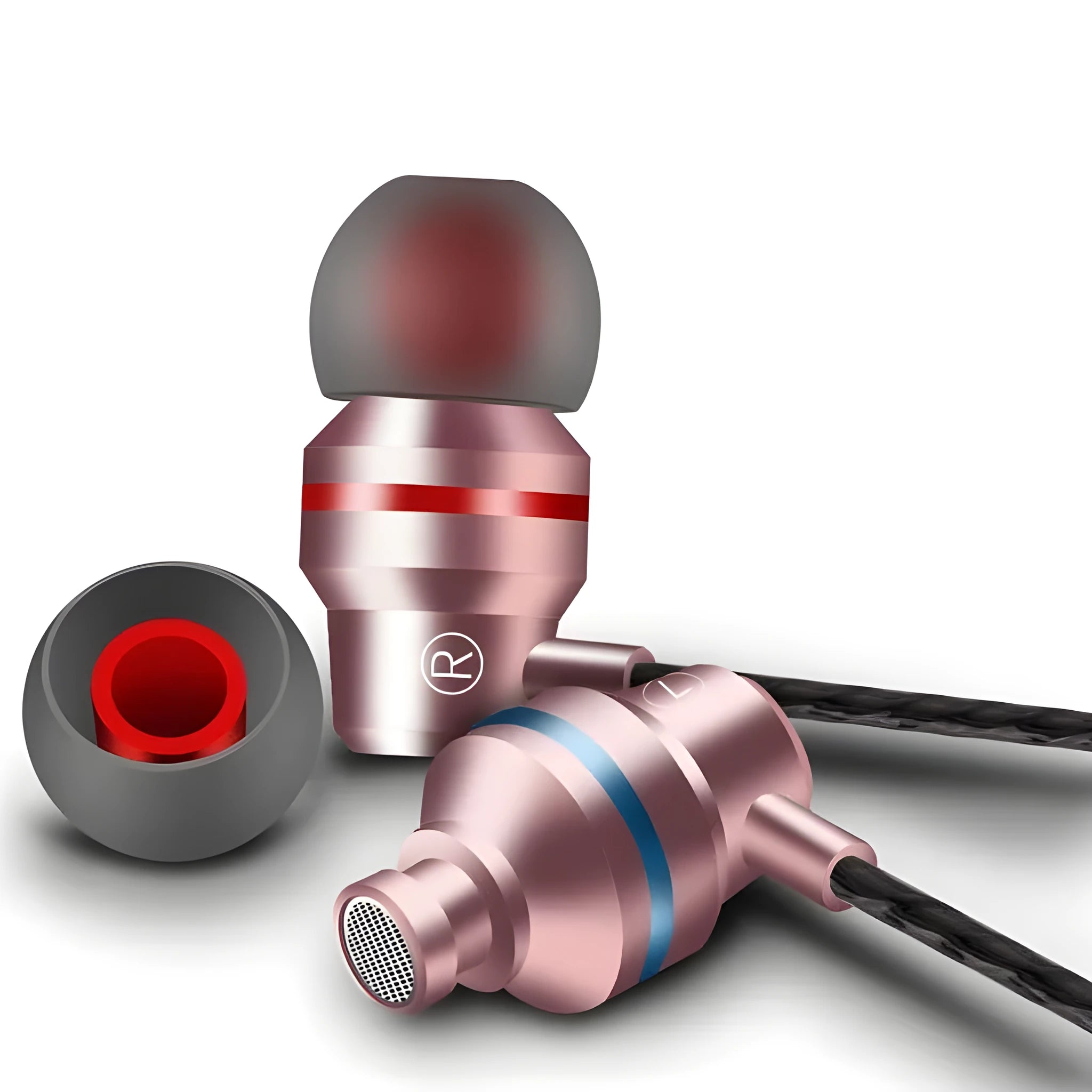 Wired in-ear headphones with 3.5mm plug in black, gold, red, rose red, and silver colour options