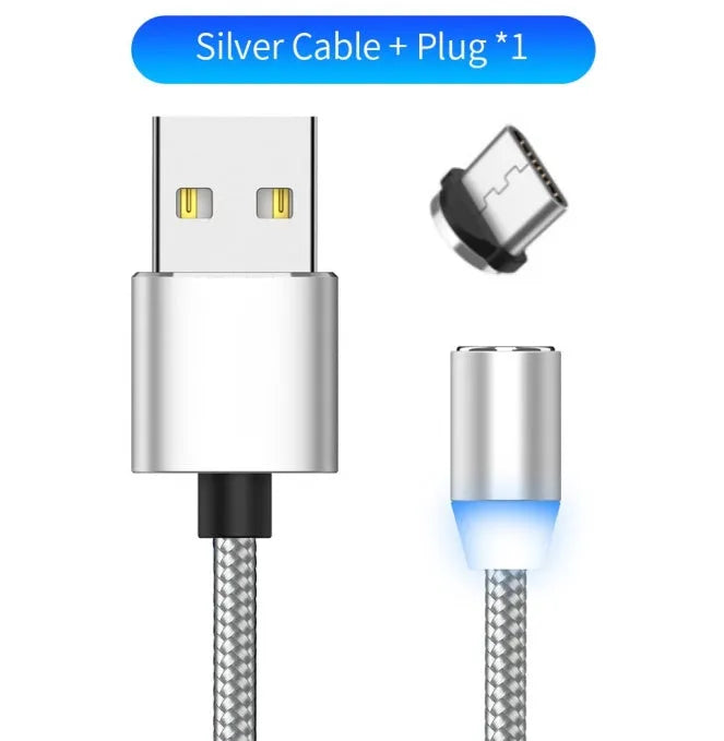 Black magnetic charging cable with LED light and aluminium connectors showing magnetic tip attachment