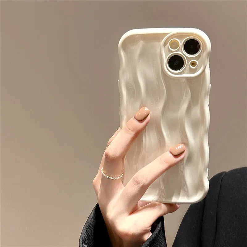 iPhone 17 silicone phone case with water ripple texture in green, purple, silver, beige, or burgundy