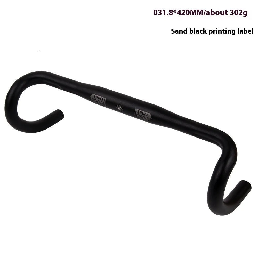 Black UNO aluminium alloy road bike drop handlebar showing curved shape and 31.8mm clamp section.