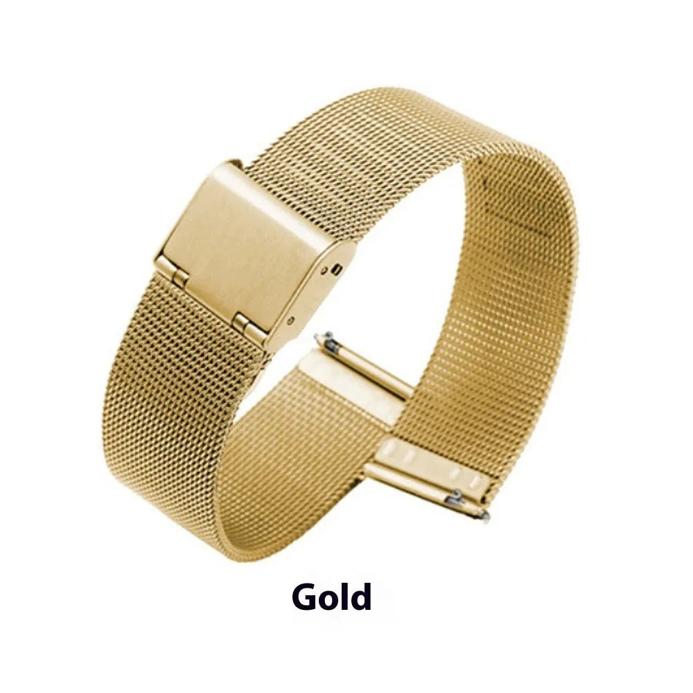 Milani silk woven stainless steel watch band in silver, showing linked metal weave.