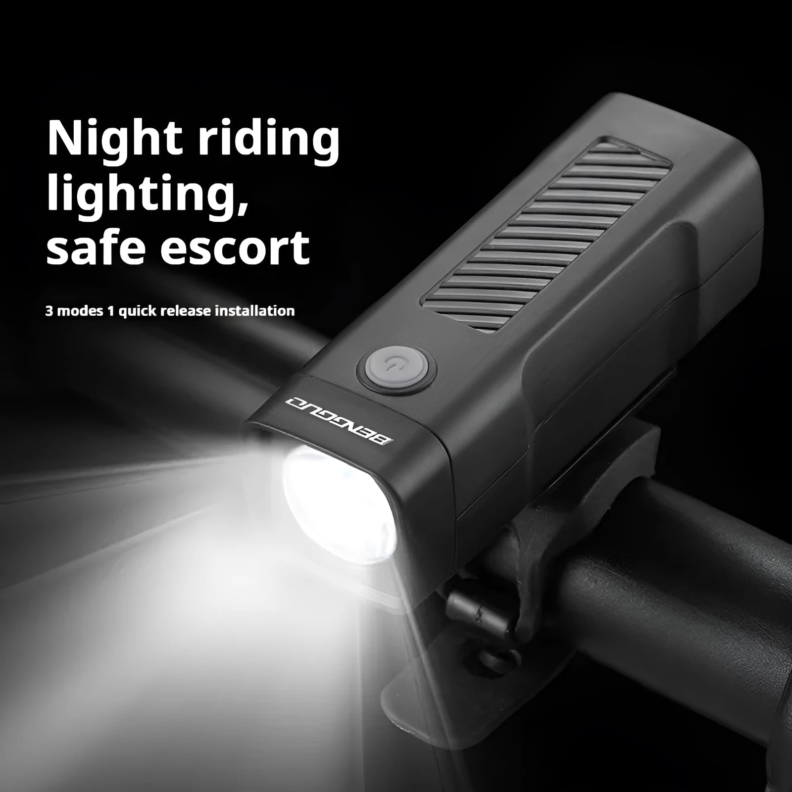 A black USB-rechargeable bicycle headlight mounted on a handlebar with a quick-release strap.