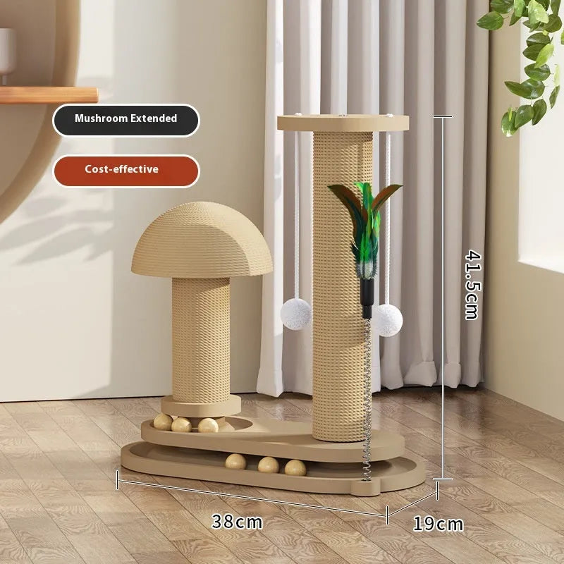 Solid wood cat turntable scratching post with oval mushroom design and natural finish for indoor climbing