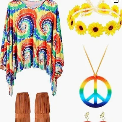 Colourful tie dye cloak costume with bell sleeves on a hanger, showing pink, rainbow, orange red, and yellow colour options.