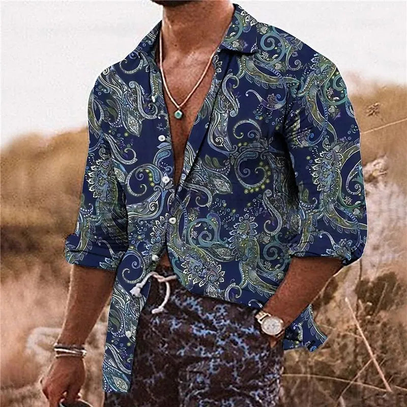 Men's casual shirt with 3D floral pattern in loose fit long sleeve design