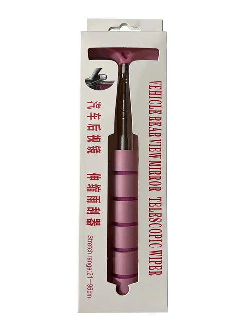 Retractable stainless steel car rearview mirror wiper extended to show full length.