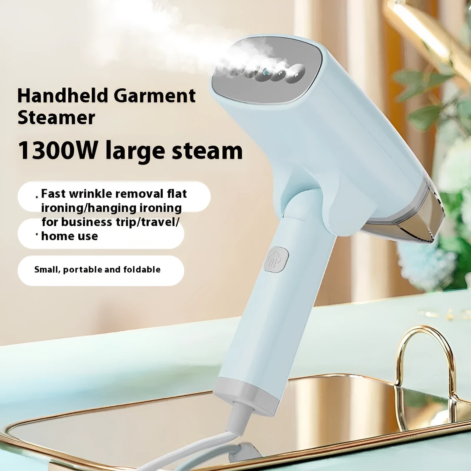 Handheld garment steamer in blue or white with 1300W power and compact design