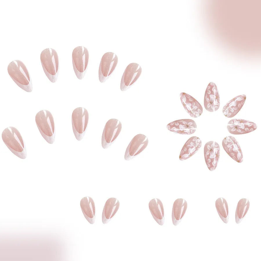 Short almond French style nails with glitter powder flower design in C625 colour