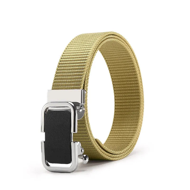 Men's nylon canvas belt with a silver toothless alloy buckle on a grey strap.