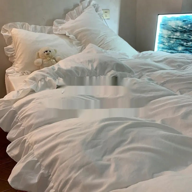 Mori style washed cotton four-piece bedding set in solid lace-creamy colour with quilt cover, sheet, and pillowcases
