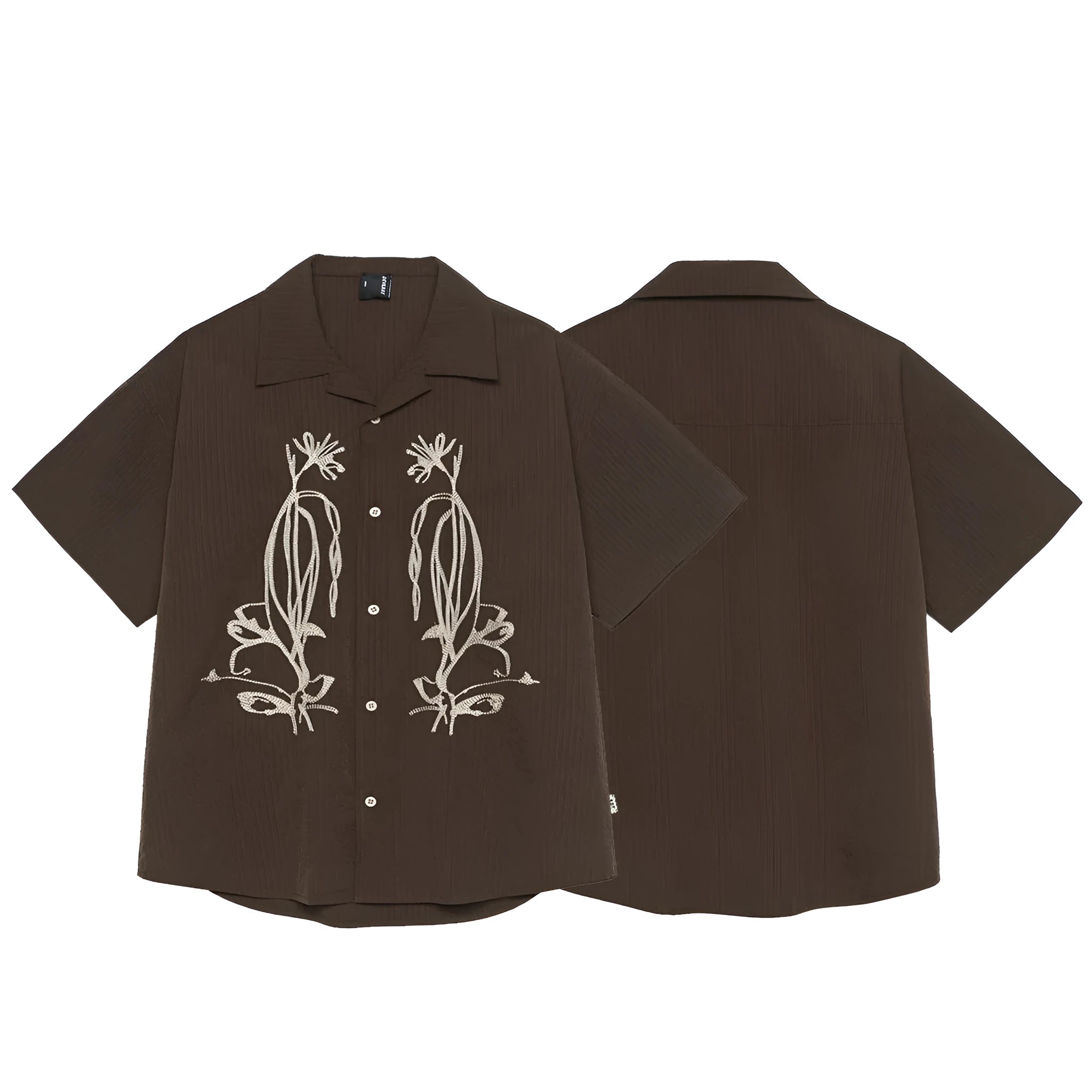Brown striped short sleeve shirt with a Cuban collar, made from quick-dry polyester for outdoor camping.