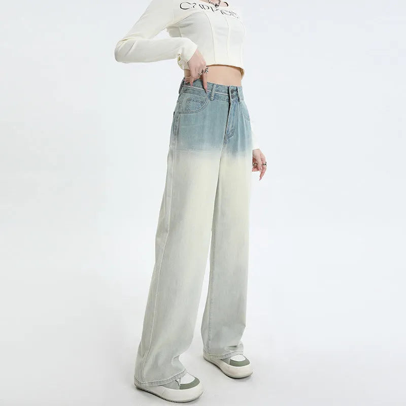 Gradient blue women's denim trousers with straight-leg cut and wider leg opening