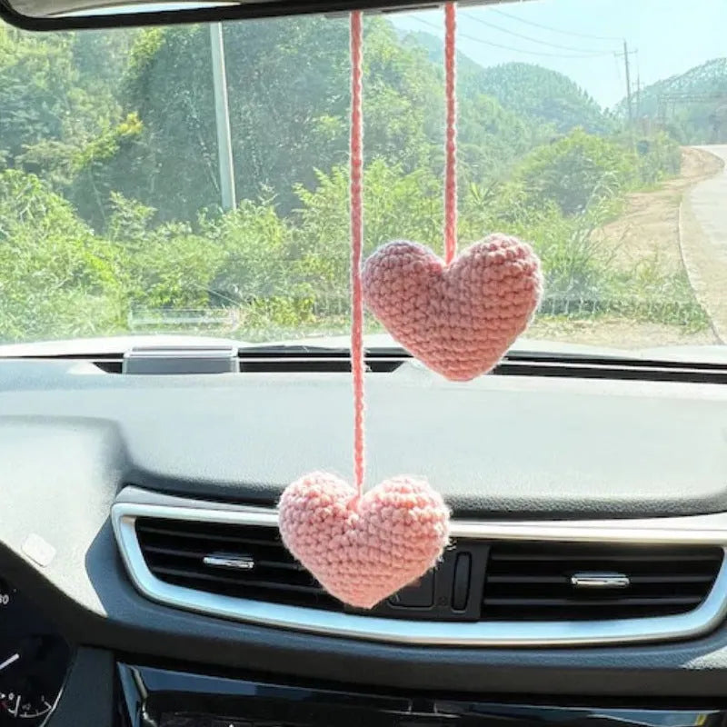 Green and white crochet car plant ornament with 25cm white hanging rope on 8cm basin base