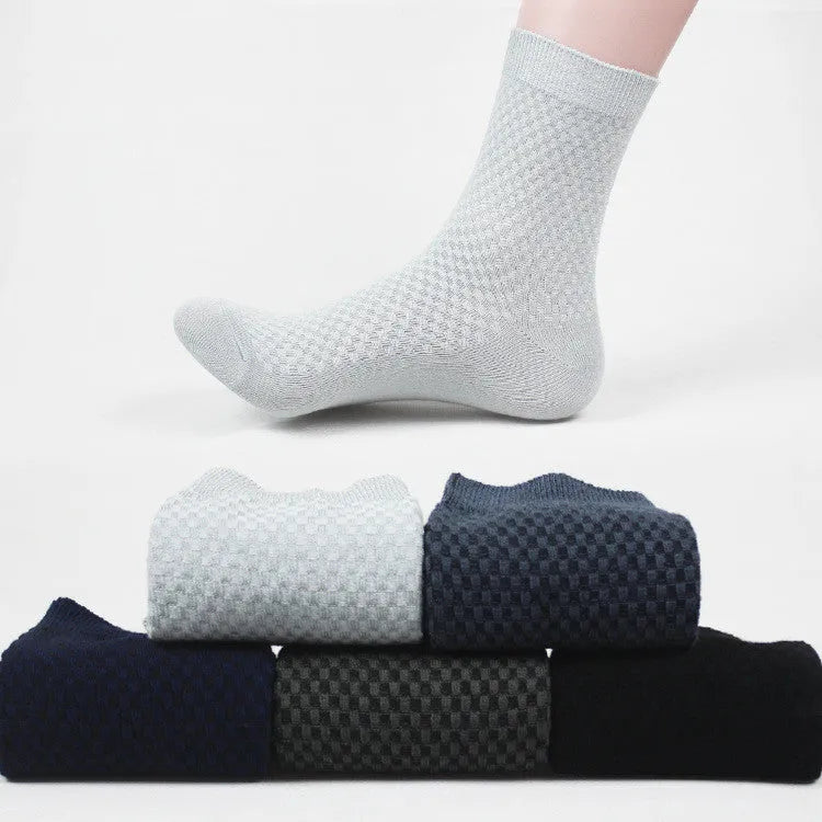 Men's bamboo fibre business socks with small square pattern in five colour options.