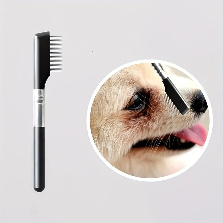 Black dual-sided pet grooming brush with soft bristles for eye area and comb for hair removal